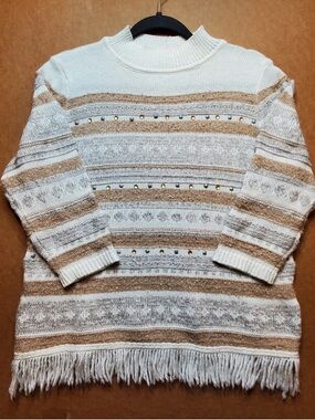 Alfred Dunner Cream and Tan Striped Fringe Turtleneck Sweater size 3x